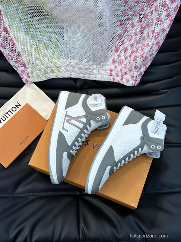 2024 Men Louis Vuitton White Grey Leather Canvas High Top Classic Sneakers MJ00420