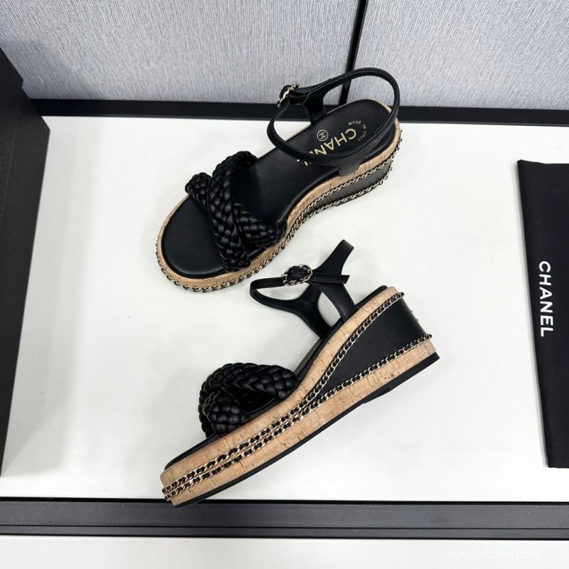 2025 Women Chanel Black Leather Braided Wedge Sandals