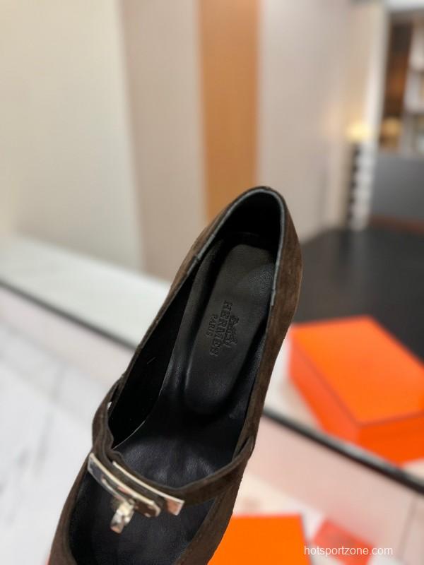 2025 Women Hermès Black Suede Mary Jane Shoes KFY00330