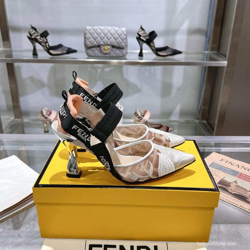 2025 Women Fendi Beige Black Mesh Leather Heels MJ00280