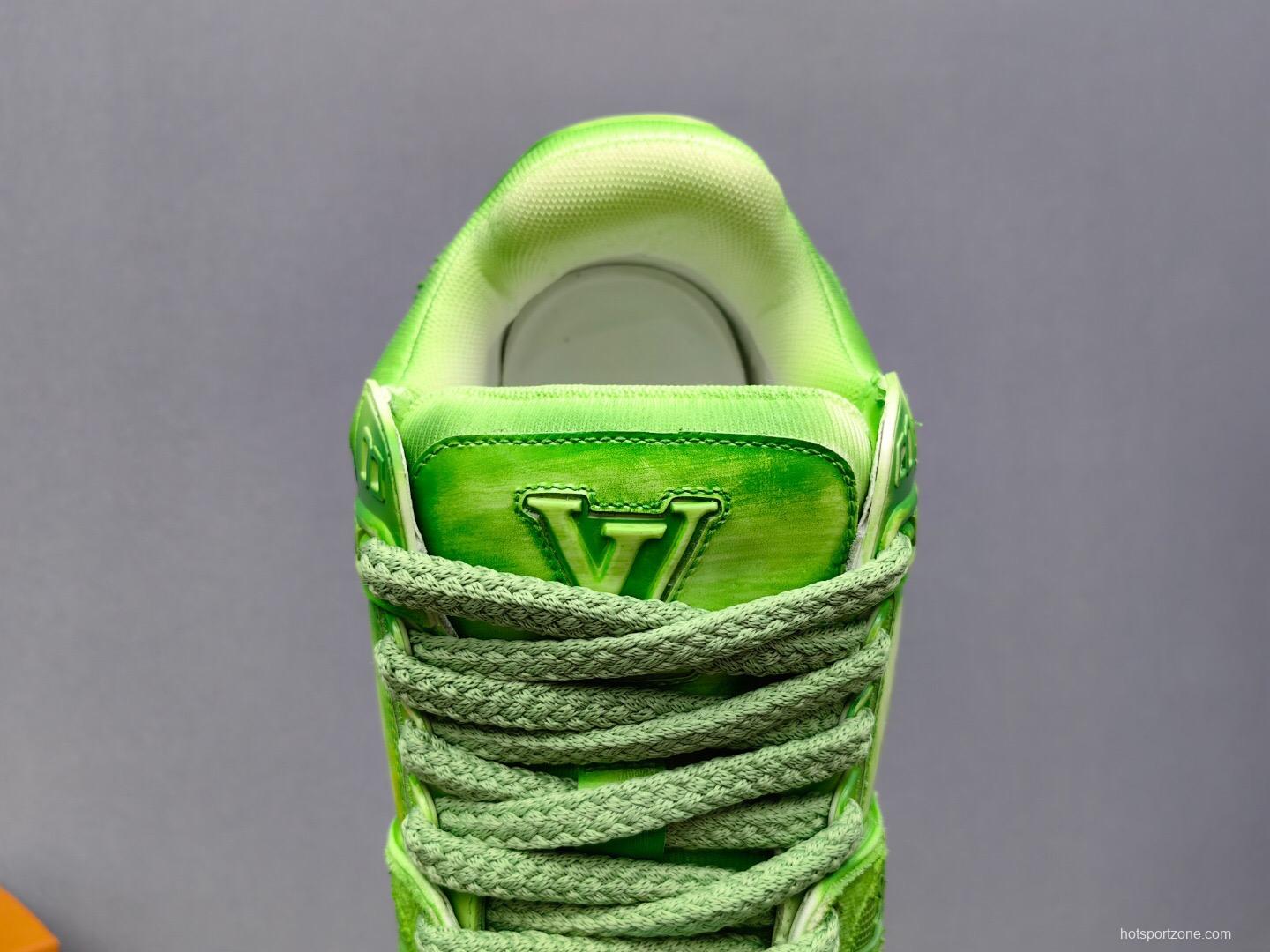 2025 Unisex Louis Vuitton Green Mesh Suede Trainer KFY00510