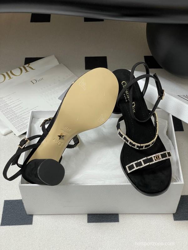 2025 Women Dior Black Suede Crystal Embellished Strap Sandals