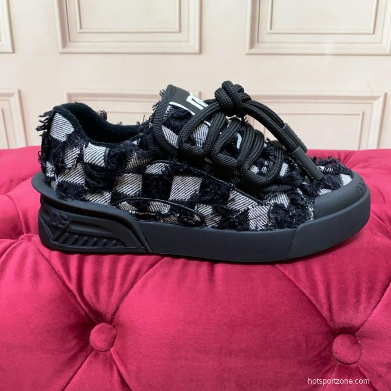 2024 Unisex Dolce & Gabbana Black White Wool Leather Sneakers MJ00340