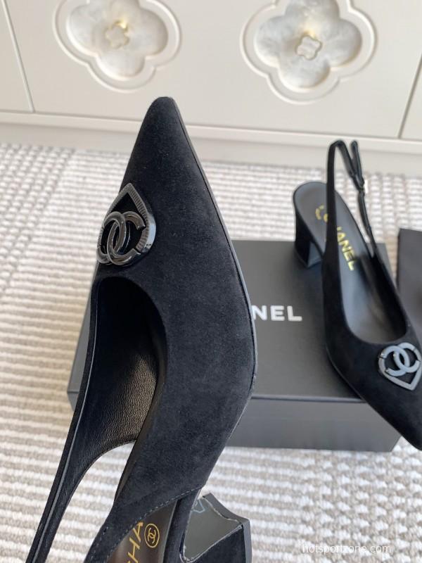 2025 Women Chanel Black Suede Slingback Heels CC Logo KFY00300