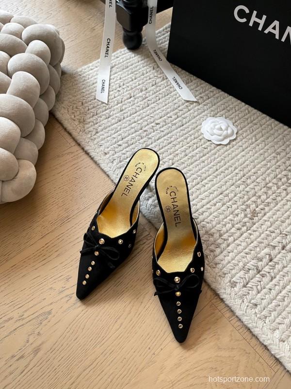 2025 Women Chanel Black Suede Pointed Toe Studded Mules