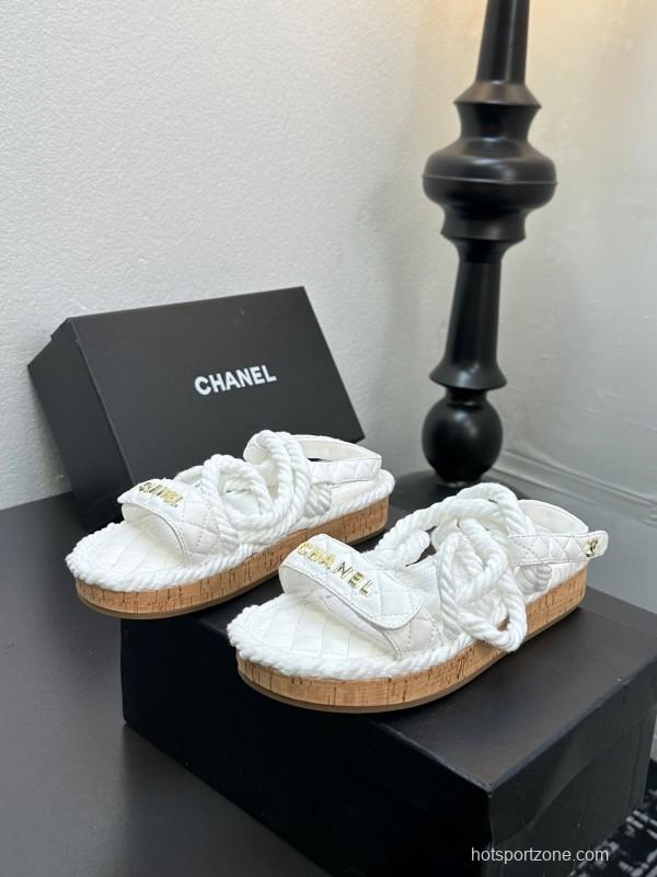 2025 Women Chanel White Leather Roped Espadrille Sandals LY00260