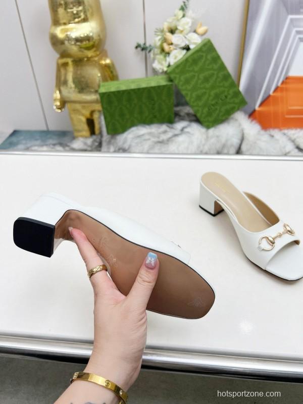 2025 Women Gucci White Leather Heeled Slippers MJ00180