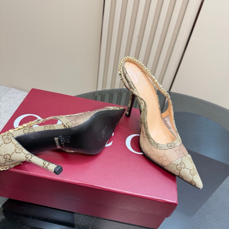 2025 Women Gucci Beige Mesh Fabric High Heel Pumps With Gold Chain Detailing KFY00300(F)