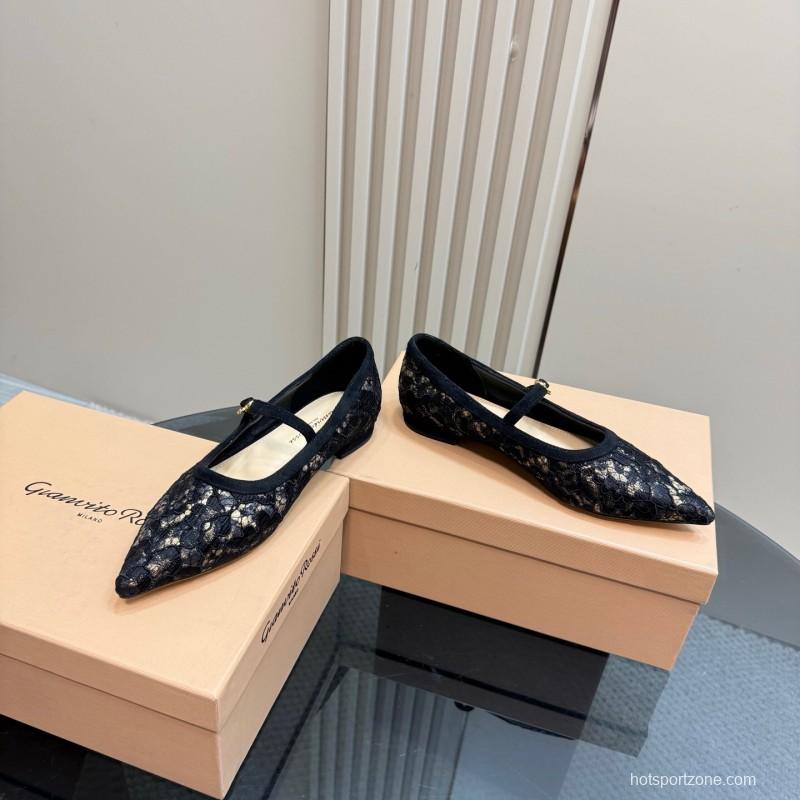 2025 Women Gianvito Rossi Black Lace Leather Mary Jane KFY00260