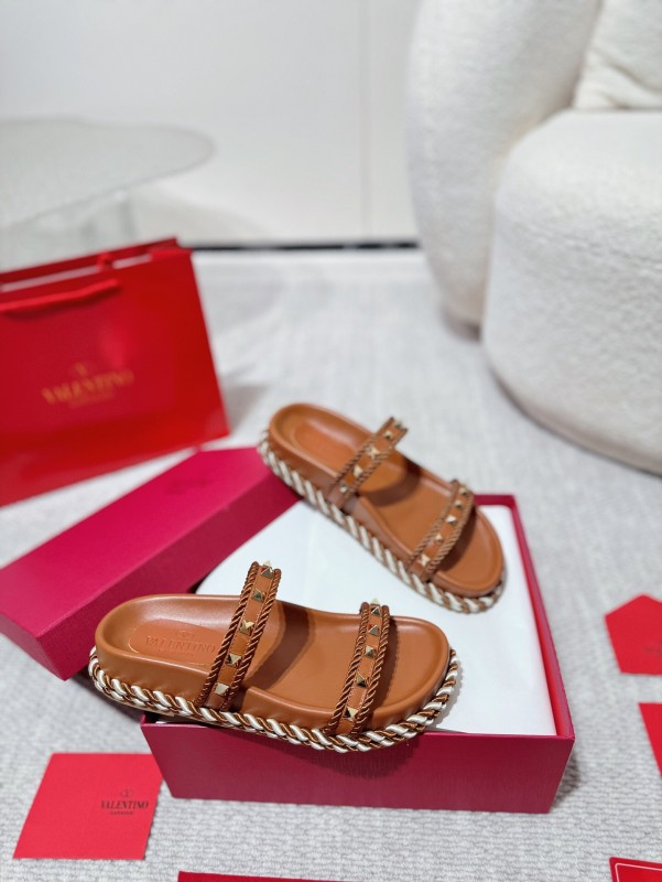 2025 Women Valentino Brown Leather Sandals Braided Rope Sole LY00250
