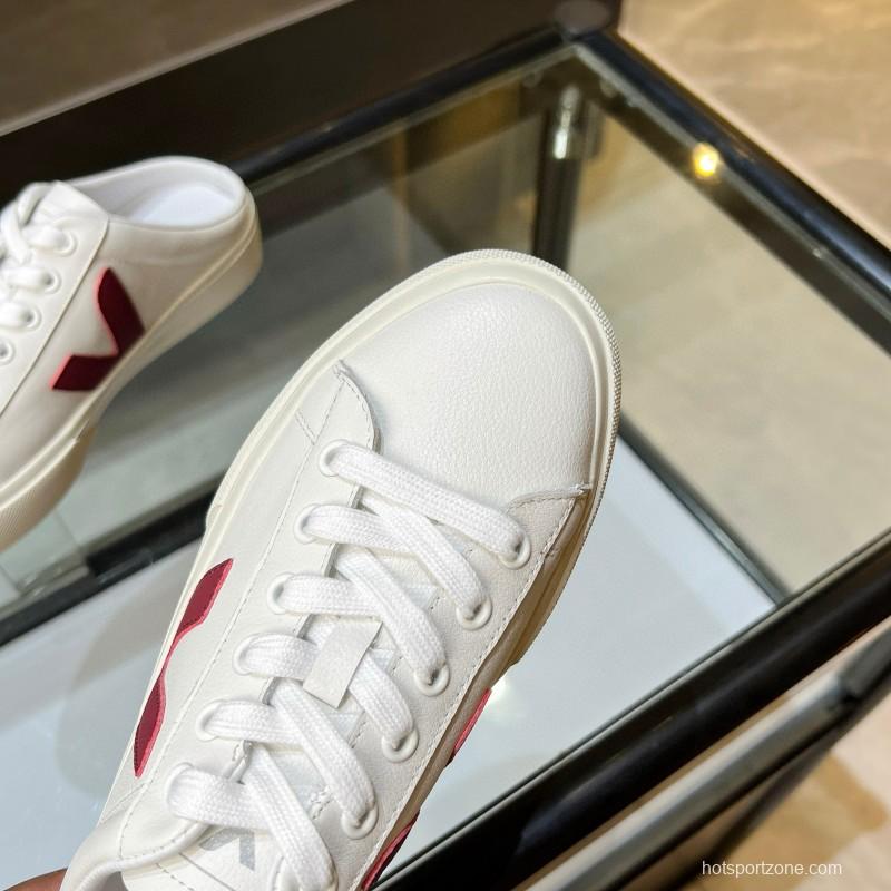2025 Women VEJA White Burgundy Canvas Leather Slip-On Sneakers