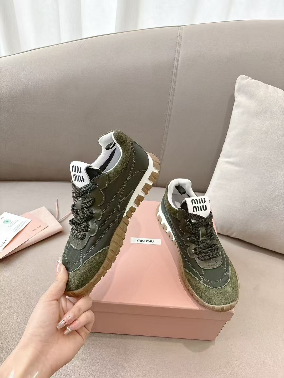 2025 Women Miu Miu Olive Green Suede Leather Sneakers KFY00280