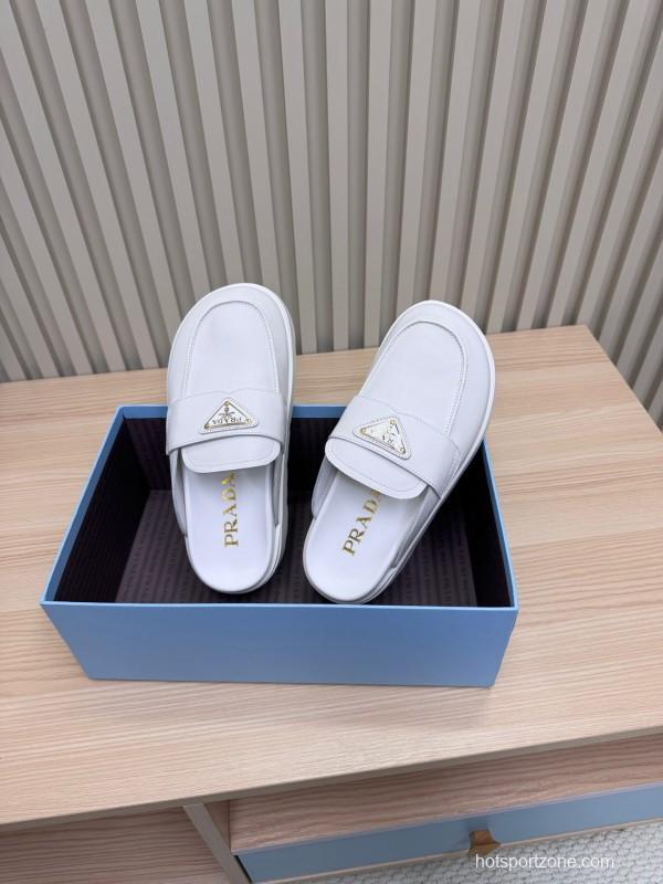 2025 Women Prada White Leather Slippers KFY00280