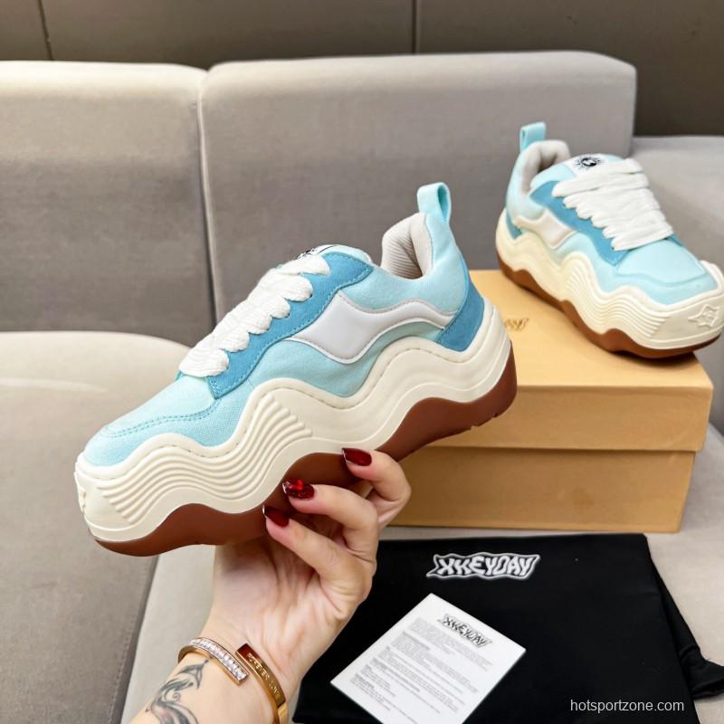 2025 Unisex HEYDAY Blue White Canvas Leather Wave Sneakers KFY00260