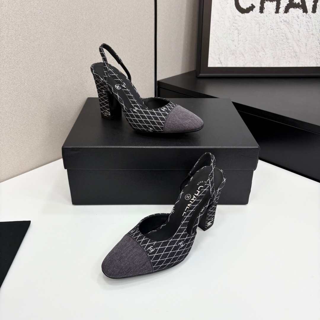 2025 Women Chanel Black Grey Fabric Slingback Heels LY00270