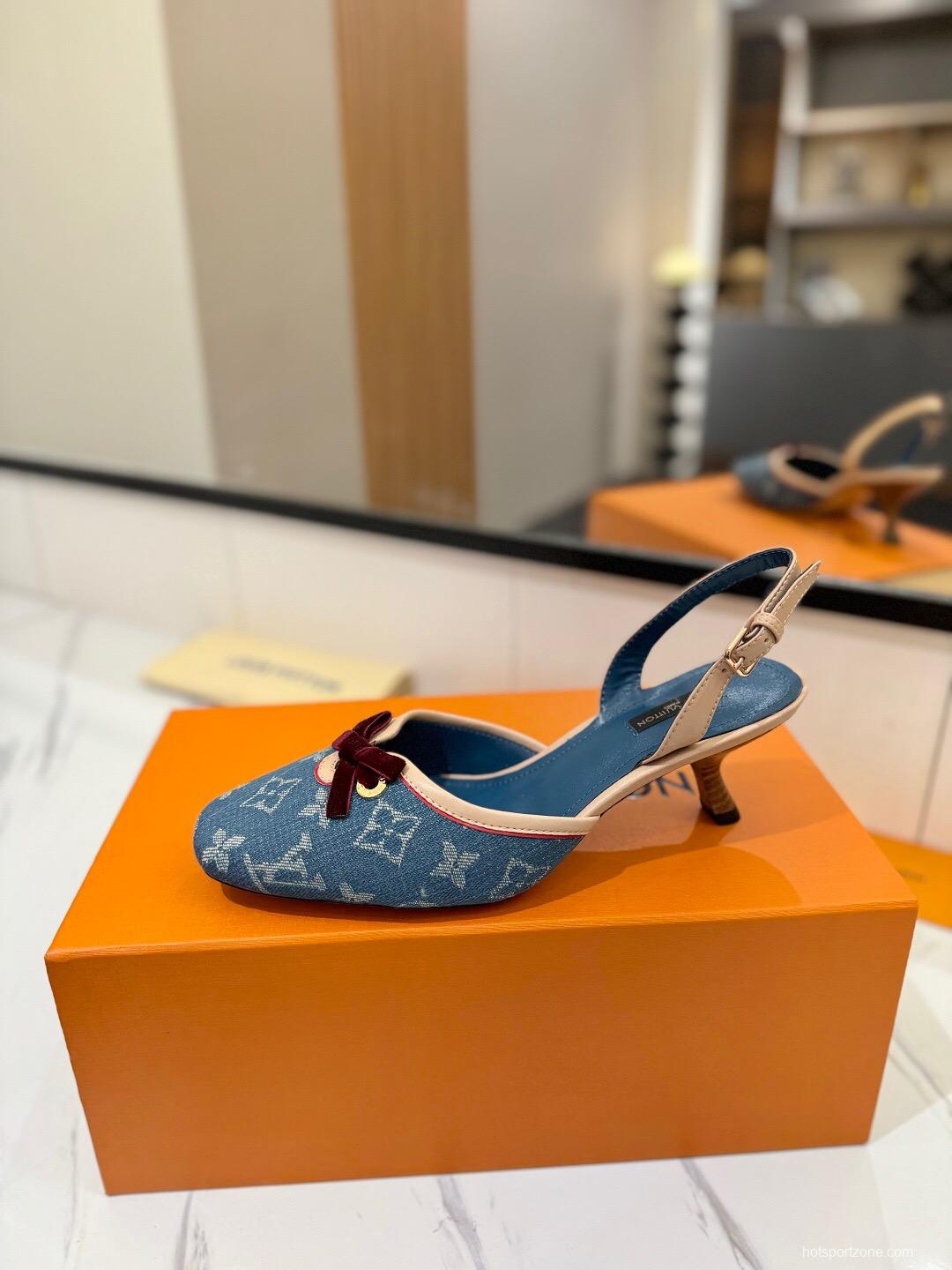 2025 Women Louis Vuitton Blue Denim LV Monogram Leather Sandals Buckle KFY00310