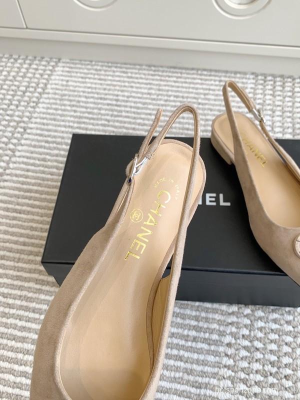 2025 Women Chanel Beige Suede Slingback Heart Logo KFY00300