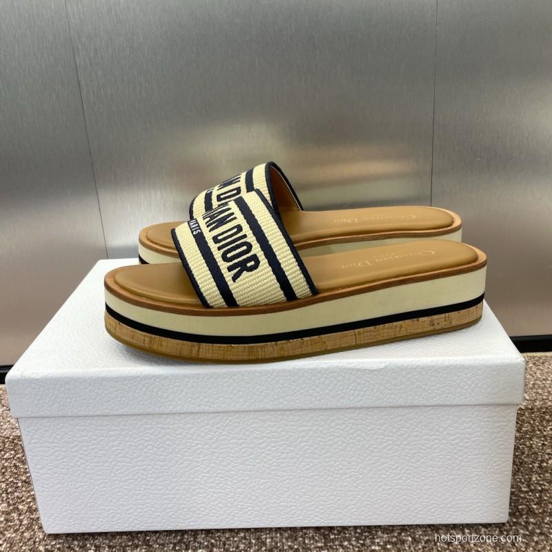 2025 Slippers Dior Beige Navy Canvas Leather Platform CHRISTIAN DIOR CD004