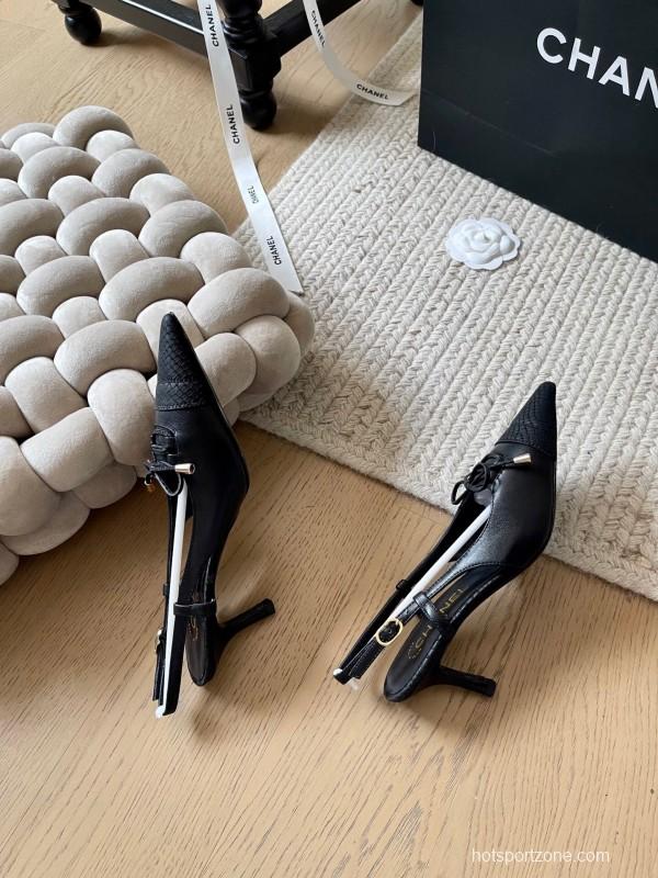 2025 Women Chanel Black Leather Slingback Bowknot Pumps KFY00320