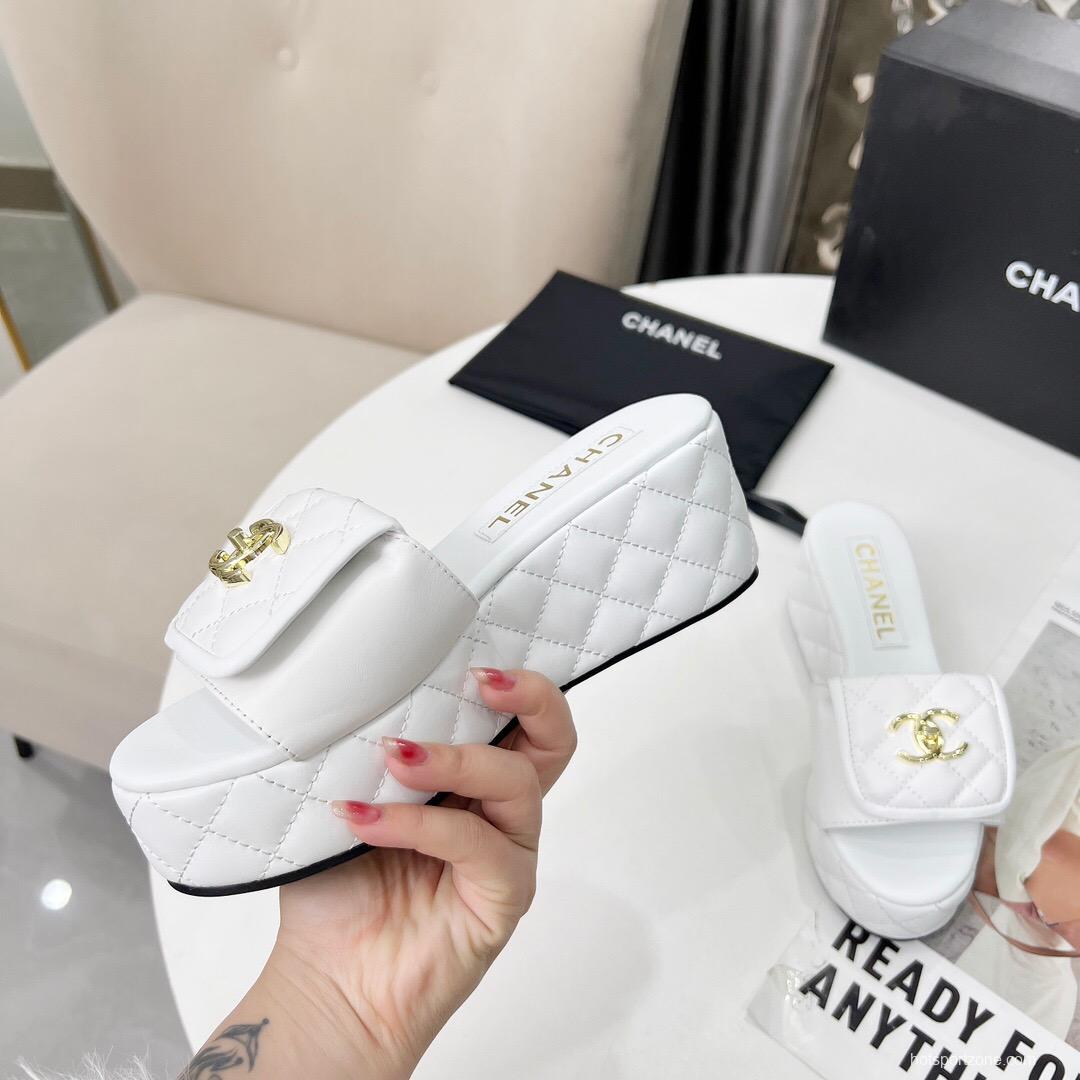 2025 Women Chanel White Leather Sandals