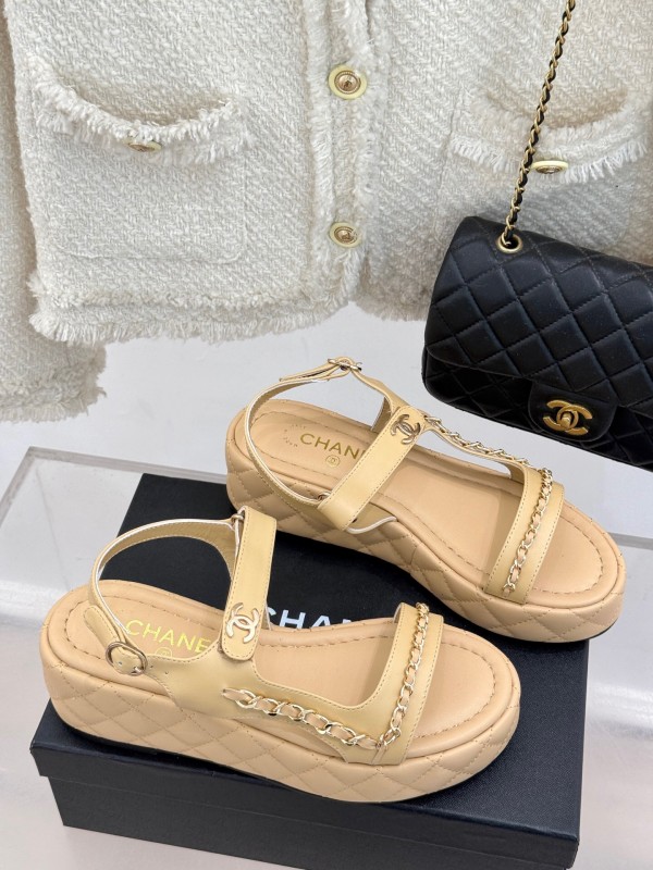 2025 Women Chanel Beige Leather Platform Sandals Chain KFY00270