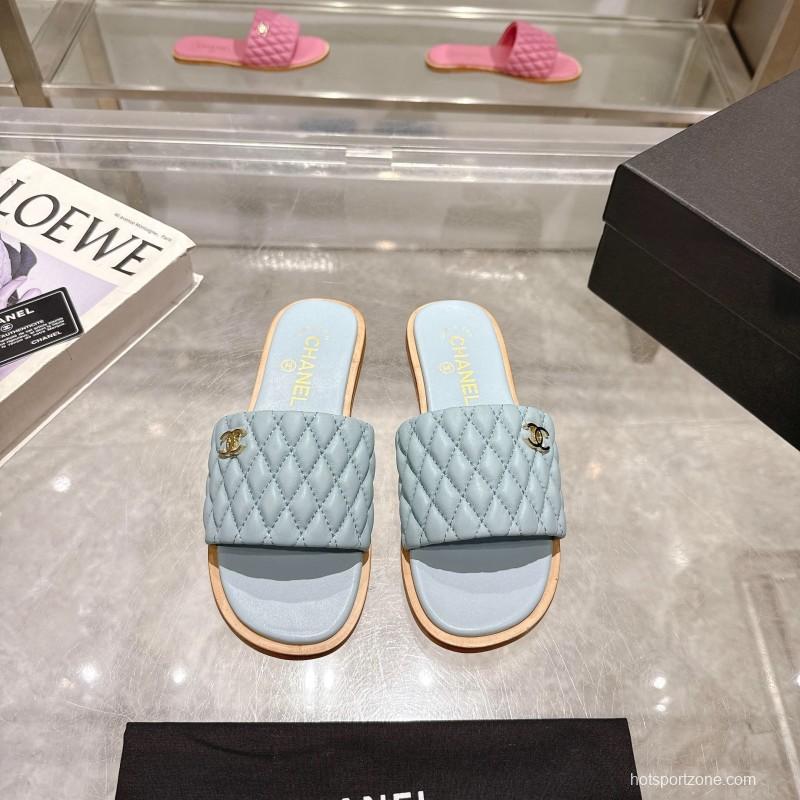 2025 Women Chanel Light Blue Lambskin Slippers