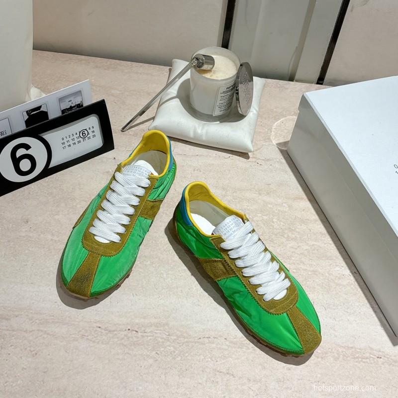 2025 Unisex Maison Margiela Green Yellow Leather Nylon Suede Sneakers Distressed