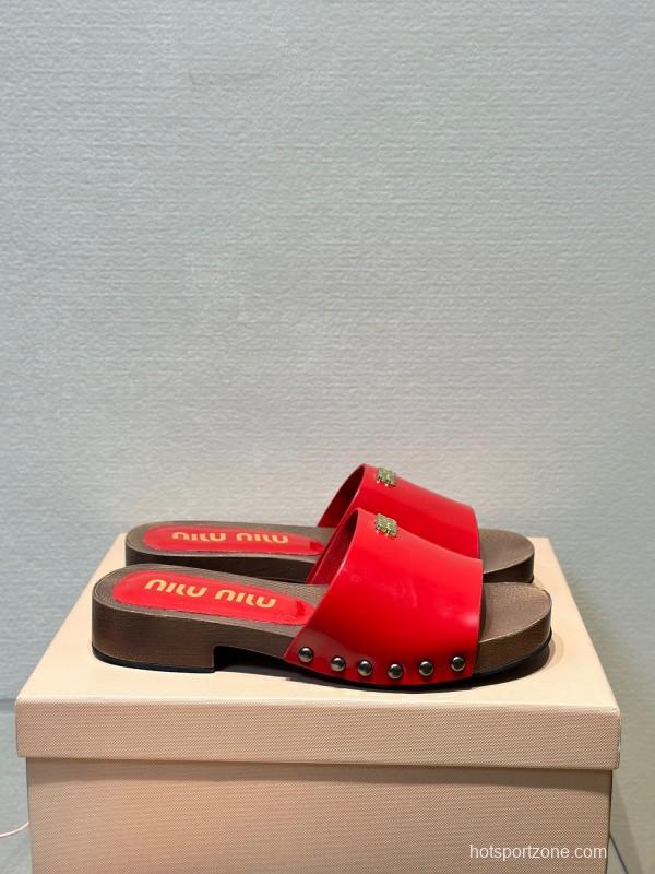2025 Women Miu Miu Red Leather Slippers