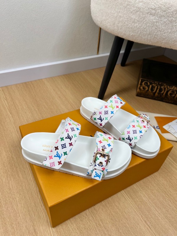 2025 Women Louis Vuitton White Multicolor Canvas Slippers KFY00280