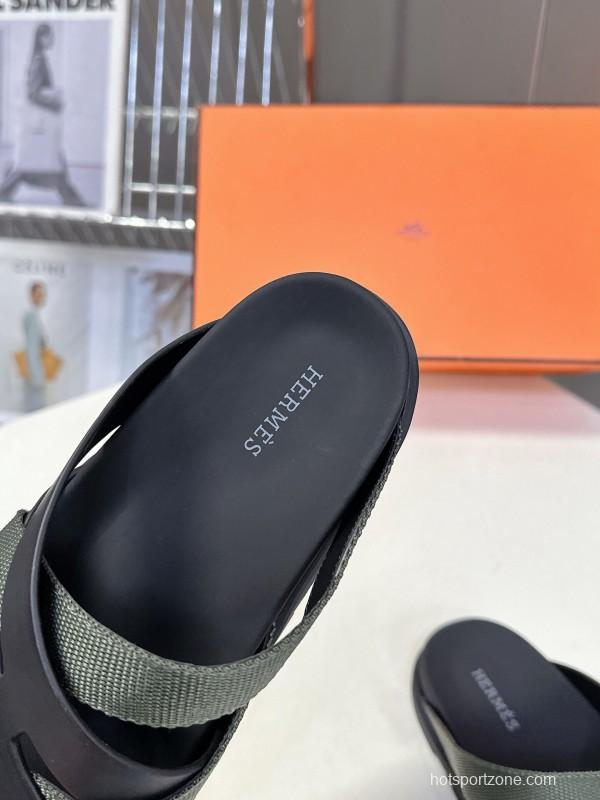 2025 Slippers Hermès Black Green Leather Fabric Slippers
