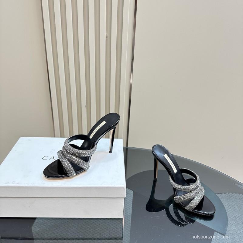 2025 Women Casadei Black Rhinestone Leather High Heels KFY00290