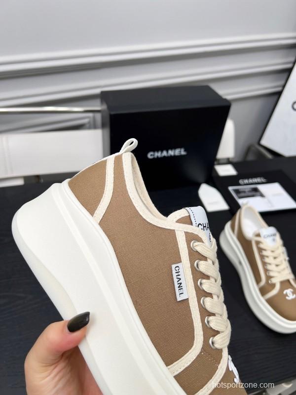 2025 Women Chanel Beige Canvas Leather Sneakers Collaboration LY00250