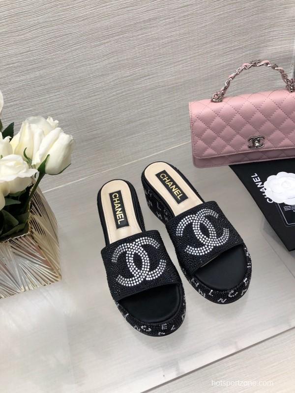 2025 Women Chanel Black Fabric Rhinestone Slippers LY00320