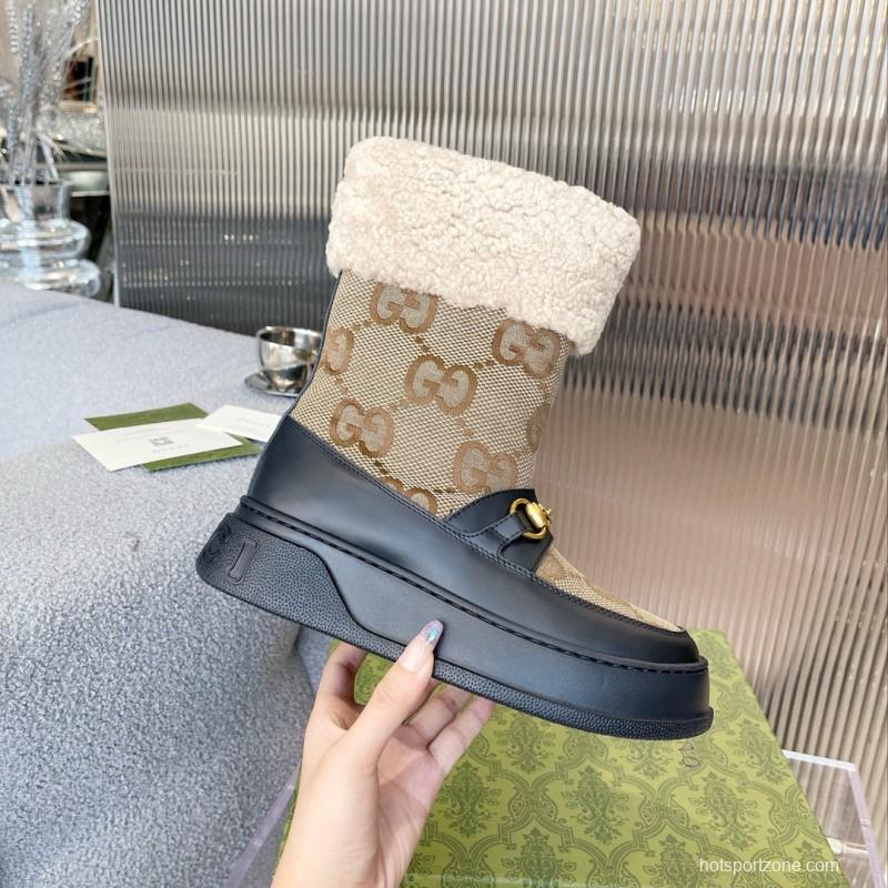 2024 Women Gucci Beige Brown Leather Shearling Snow Boots MJ00420