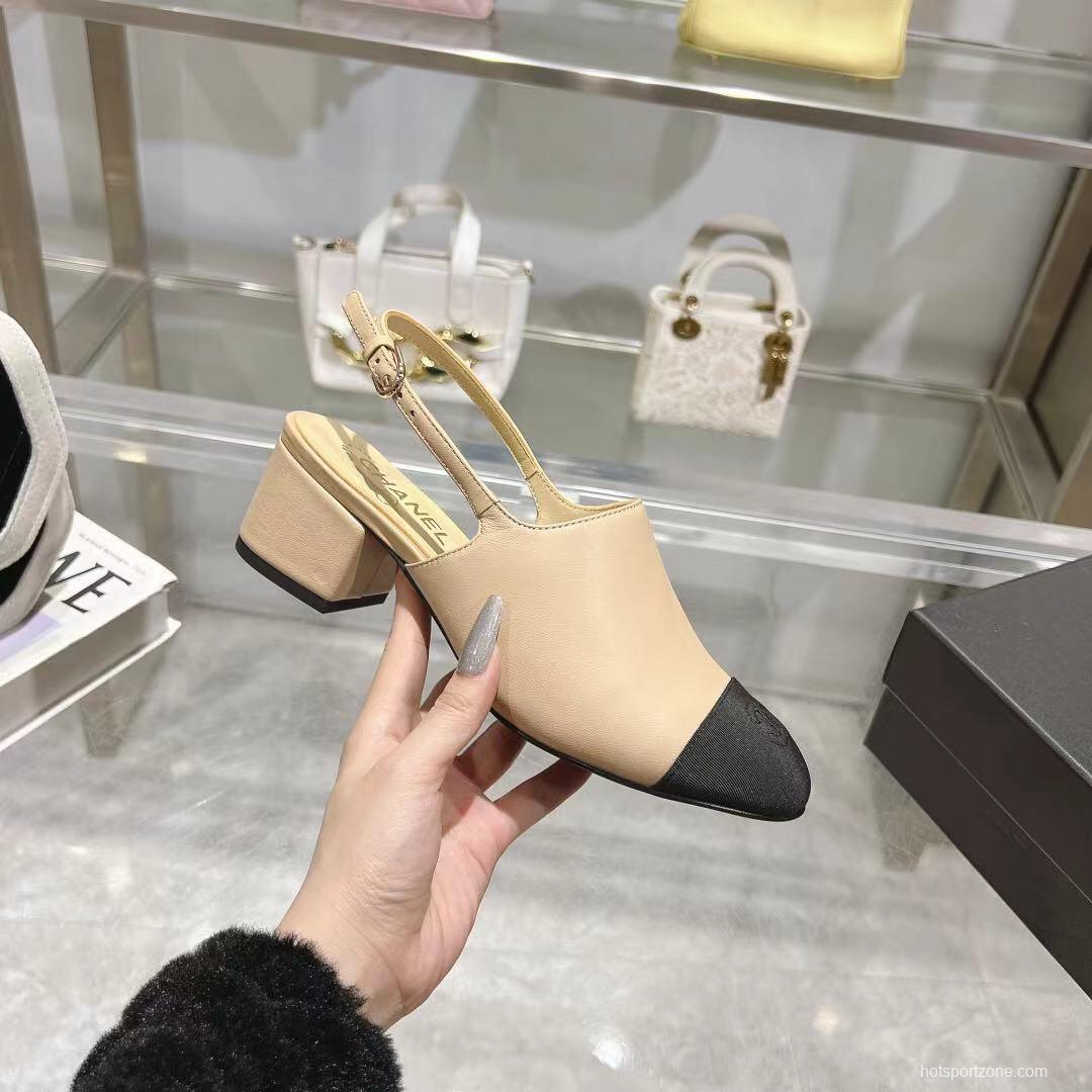2025 Women Chanel Beige Black Leather Slingback Block Heel LY00300