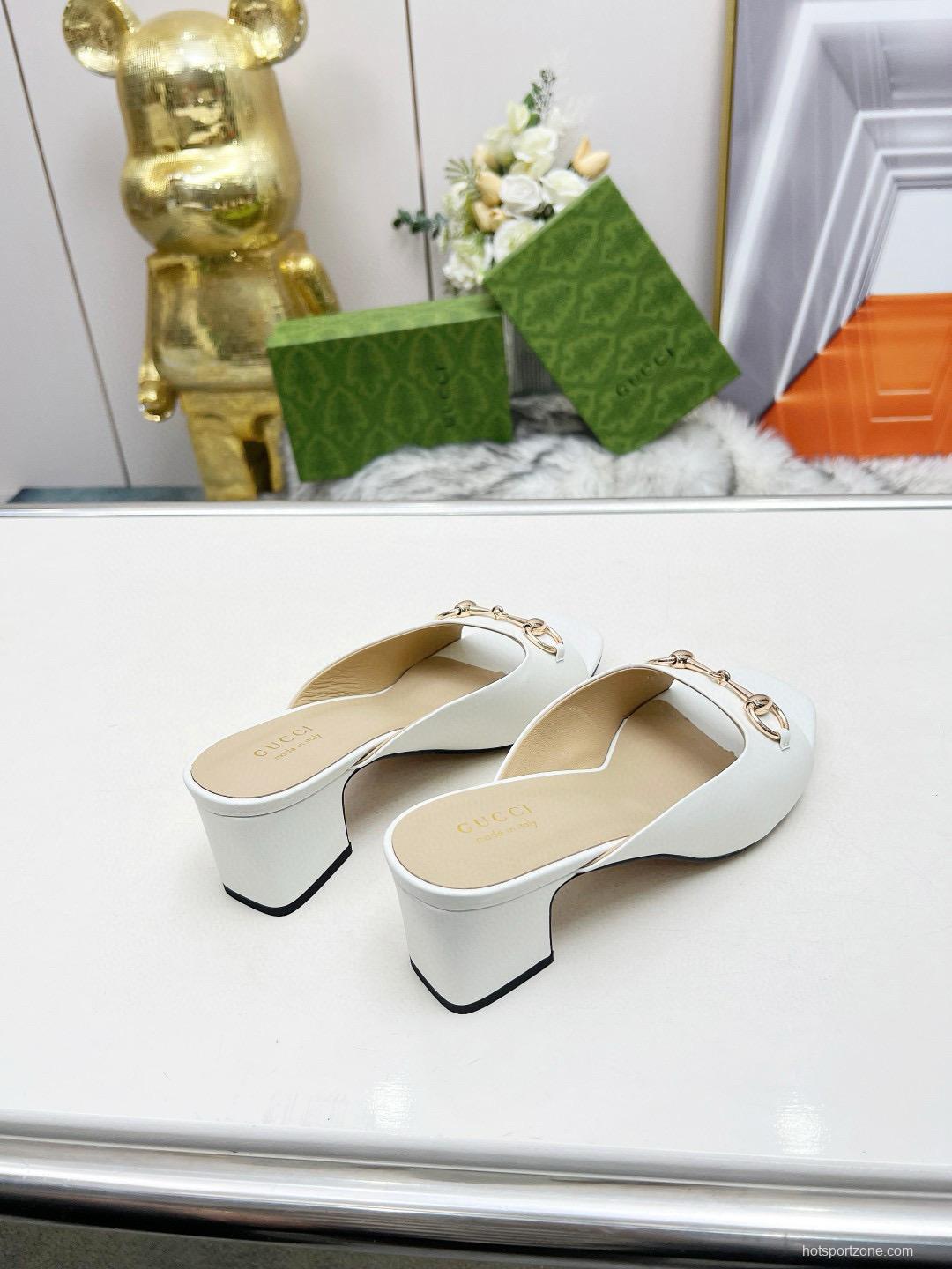 2025 Women Gucci White Leather Heeled Slippers MJ00180