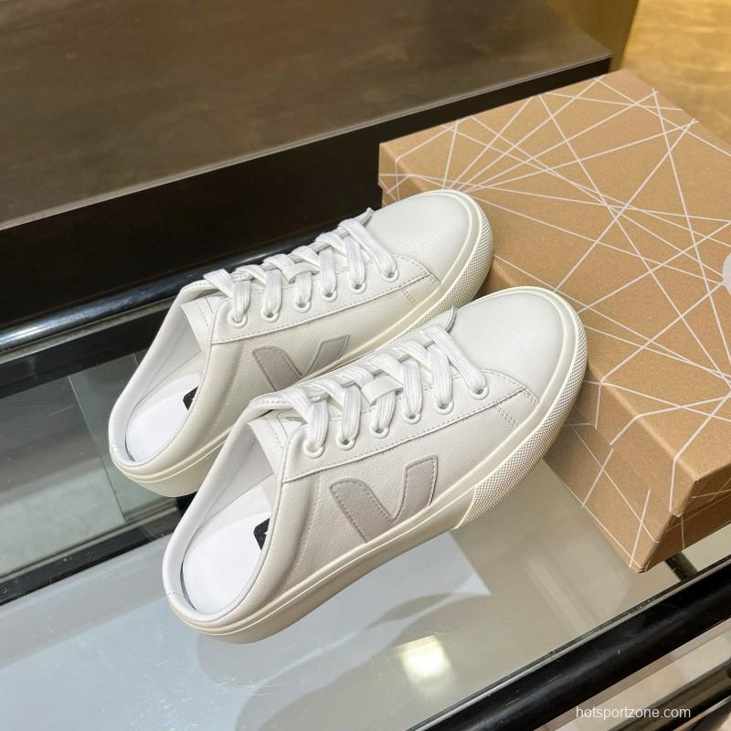 2025 Women VEJA White Canvas Leather Mule Sneakers MJ00240