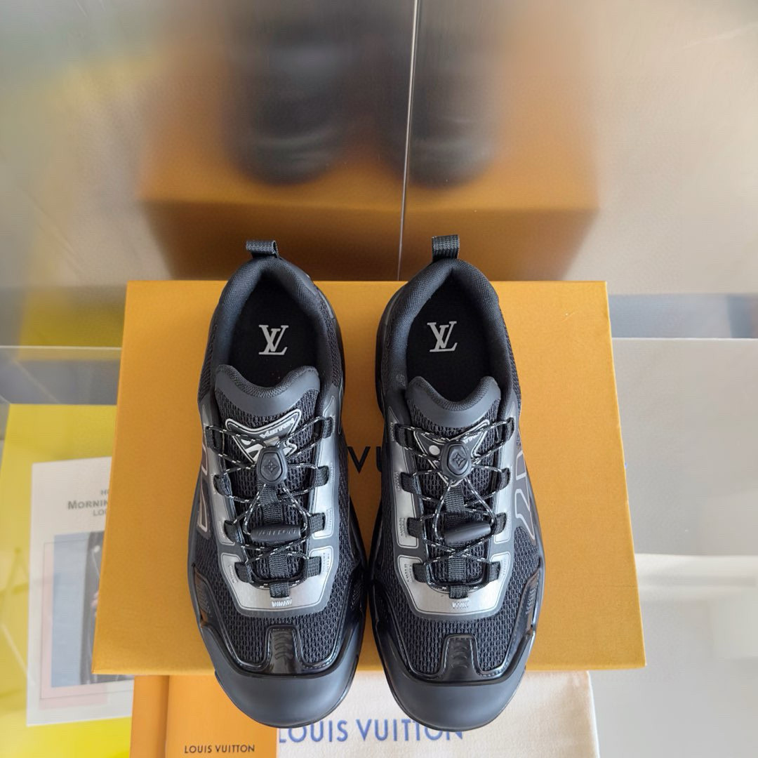 2025 Men Louis Vuitton Black Grey Mesh Fabric Sneakers MJ00390