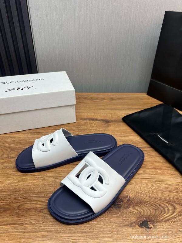 2025 Slippers Dolce & Gabbana White Navy Rubber Slippers
