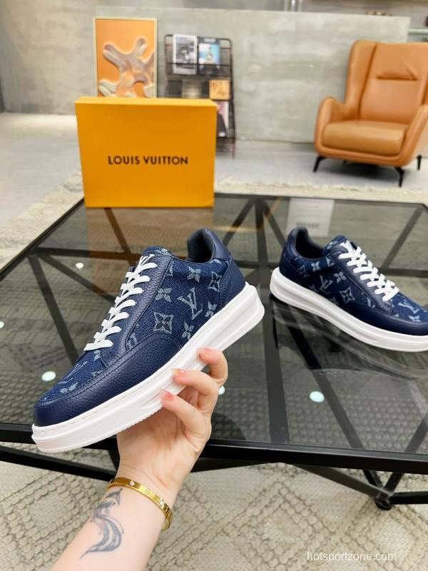 2024 Men Louis Vuitton Blue Leather Denim Sneakers MJ00400