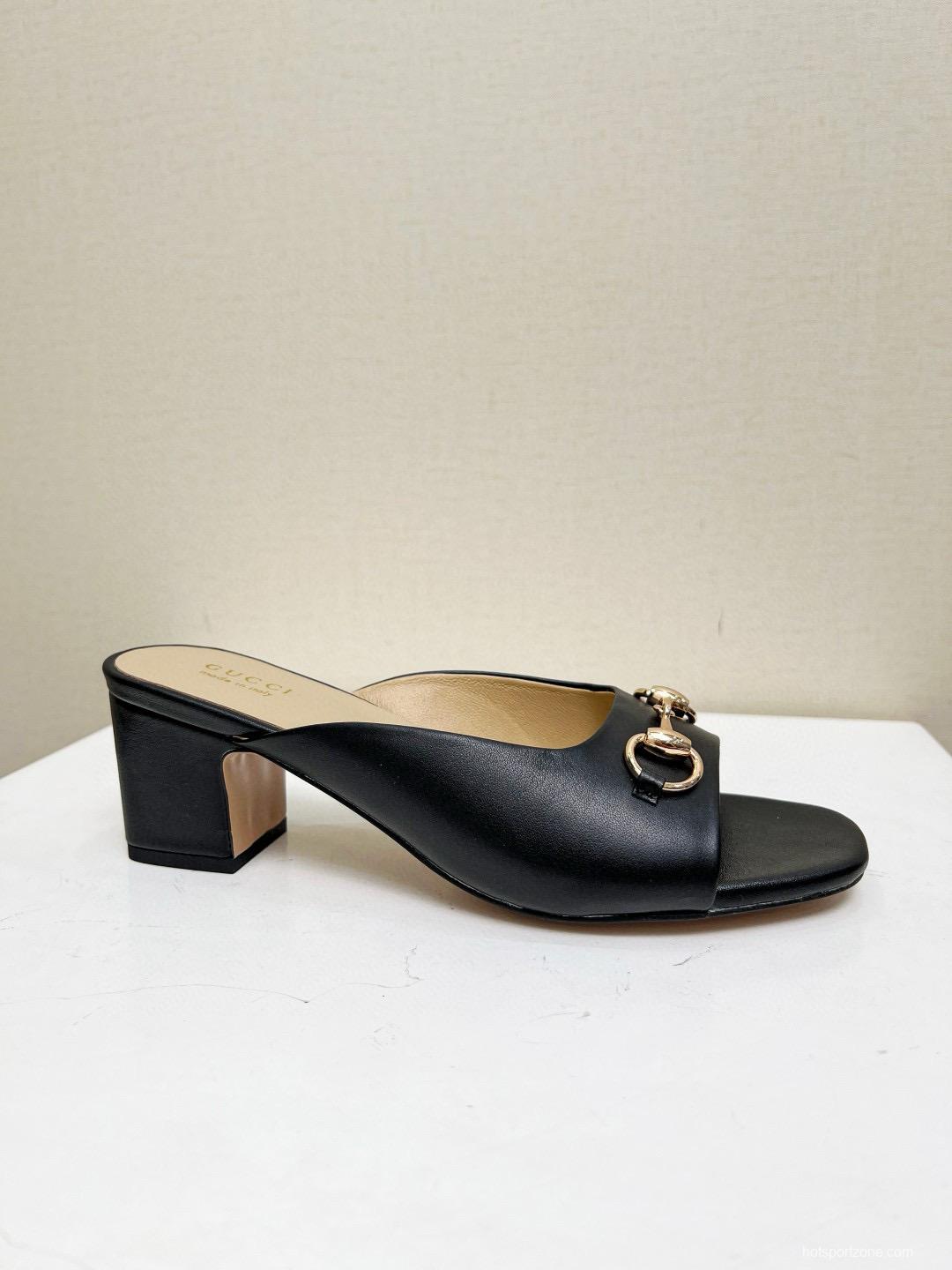 2025 Women Gucci Black Leather Mules Classic Buckle MJ00180
