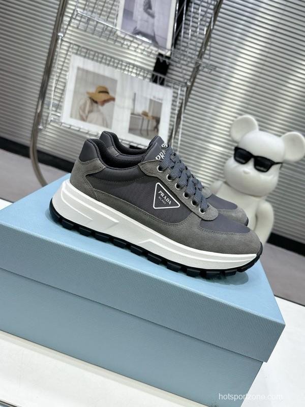 2025 Unisex Prada Grey Suede Leather Sneakers KFY00310