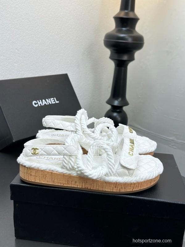 2025 Women Chanel White Leather Roped Espadrille Sandals LY00260