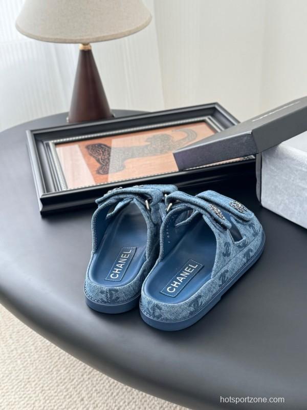 2025 Women Chanel Blue Denim Leather Slippers LY00310
