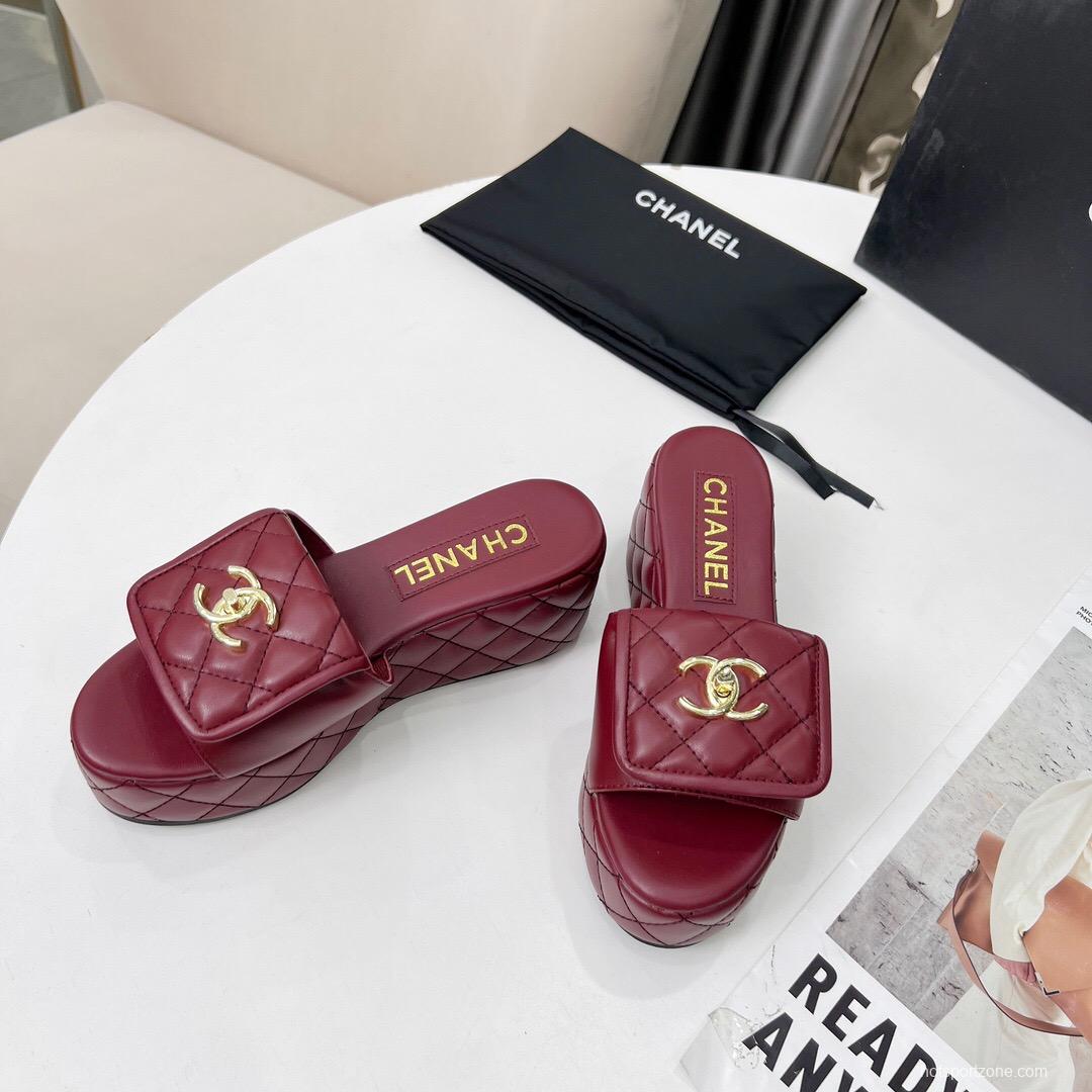 2025 Women Chanel Burgundy Leather Platform Sandals