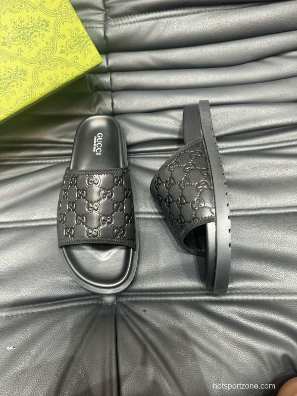 2024 Slippers Gucci Black Leather Slippers MJ00200