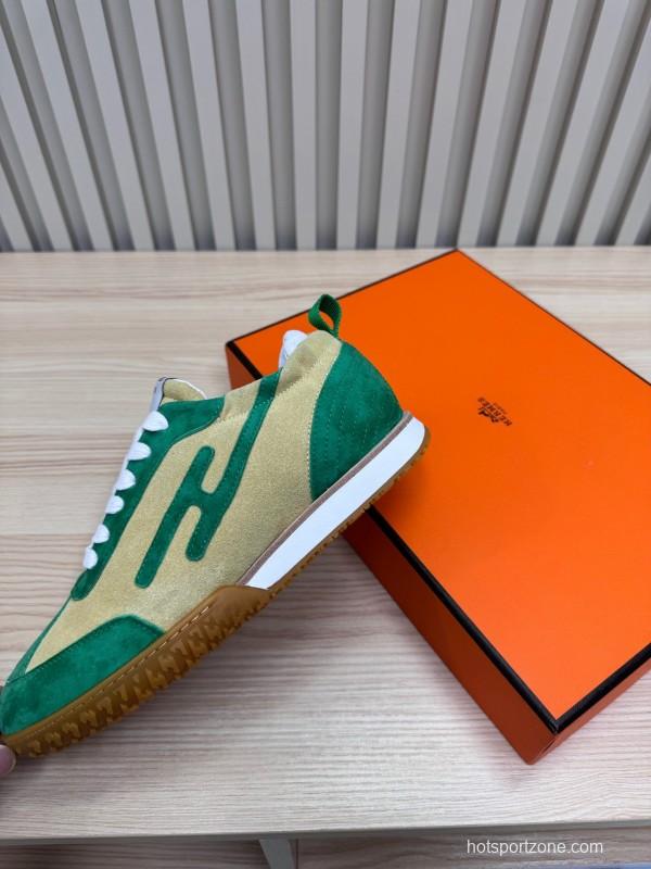 2025 Unisex Hermès Green Beige Suede Down Fabric Sneakers Top Version LY00310