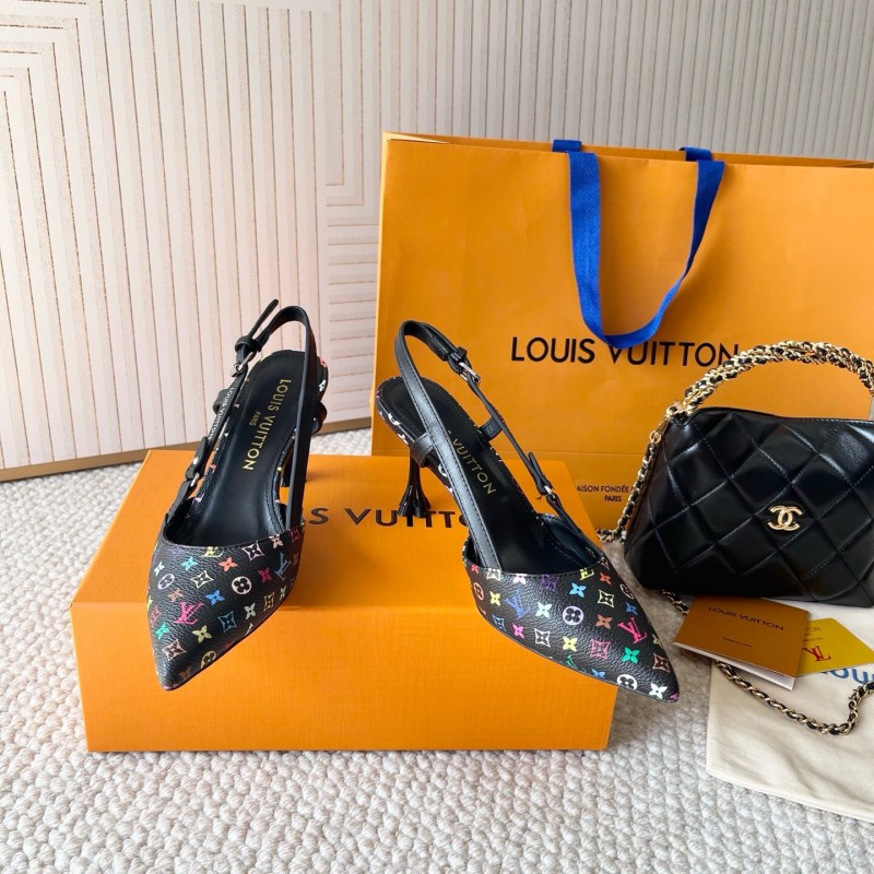 2025 Women Louis Vuitton Black Multicolor Canvas Leather Slingback Heels