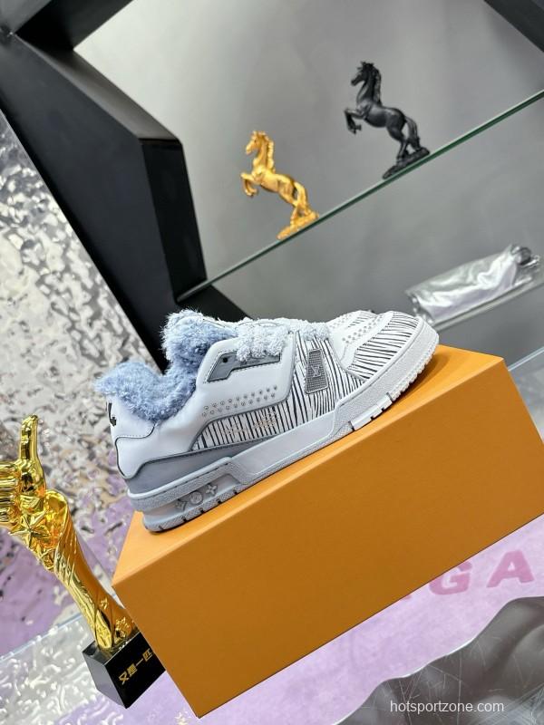 2024 Women Louis Vuitton White Grey Leather Fur Sneakers