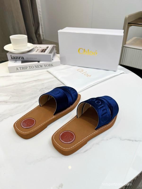 2025 Women Chloe Navy Velvet Slippers LY00200